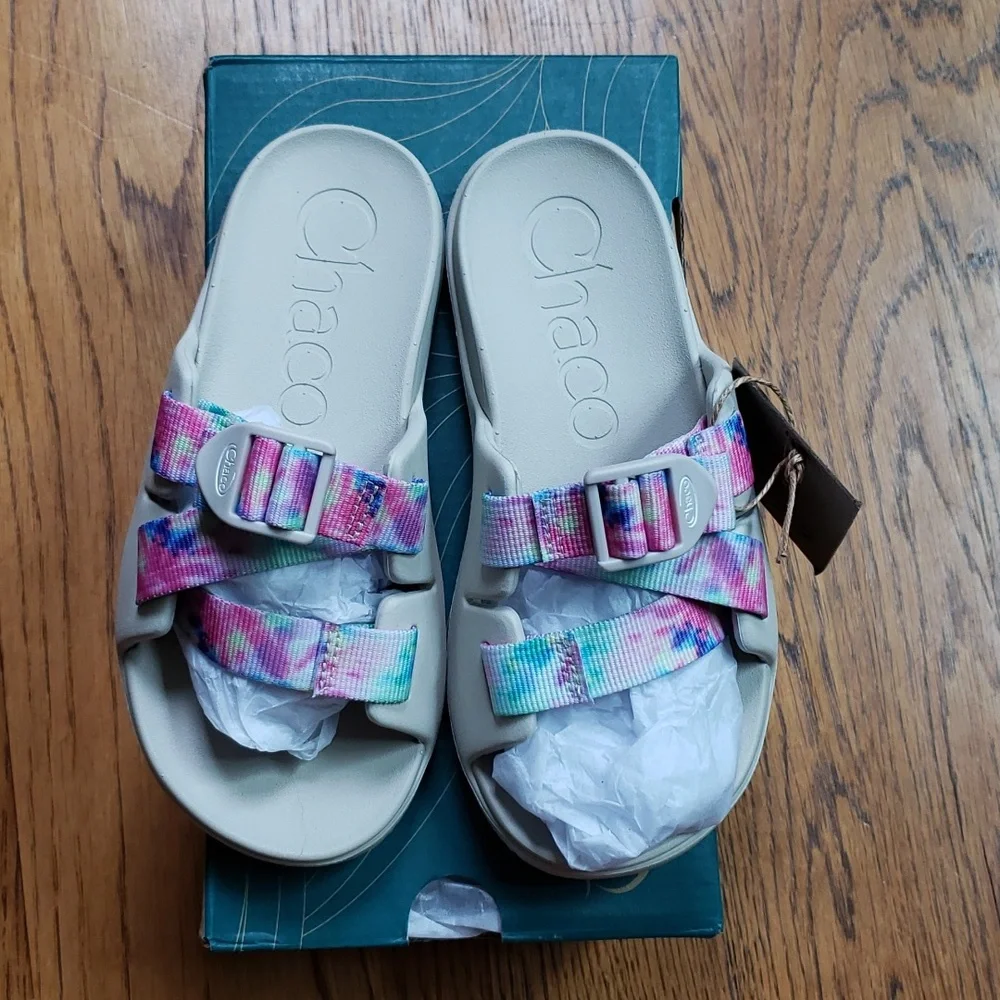 NIB Chaco Chillos Slide Sandal In White Rainbow Tie Dye Kids Size 1